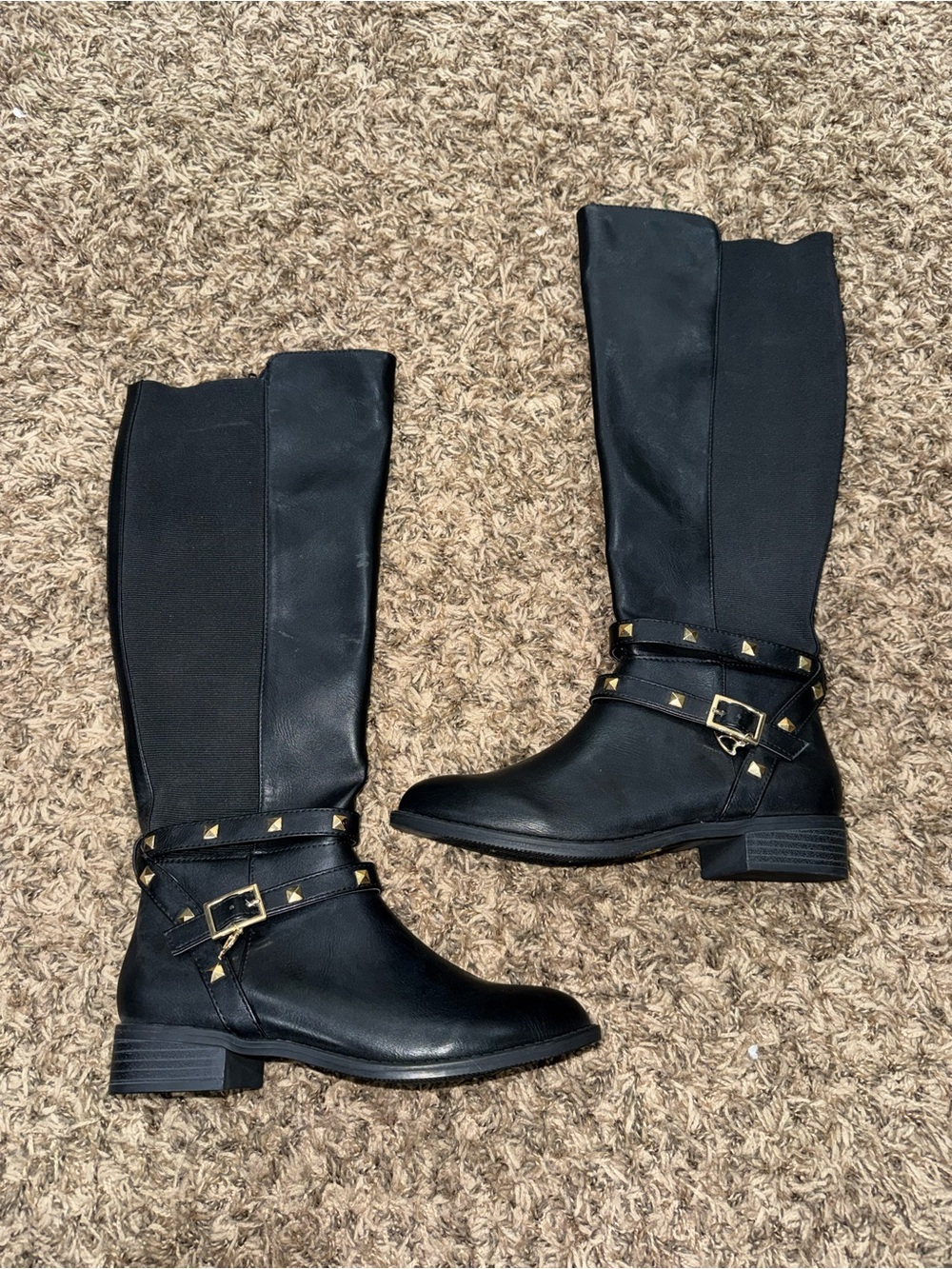 Thalia Sodi Black Knee-High Riding Boots with Gold Studs